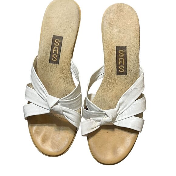 SAS White Leather Slip On Sandals Shoes Comfort Block Rubber 2" Heel Size 8 - Picture 2 of 7
